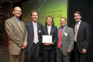 Milliken officers accept honors for Most Ethical Company in the Industrial Manufacturing Category: (left to right) Brad kendall, vice-president of Human Resources; Alex Brigham, executive director of the Ethisphere Institute; Debra Clements, vice-president and general councel; Stephen Martin, editor in chief, Ethisphere Magazine; and Joe Sally, president and CEO.