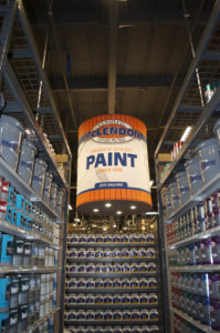 A retail display in the shape of a paint can was direct-printed on Rainier Industries’ Durst RhoTex Fabric Printer onto Power Stretch fabric from Fisher Textiles. Photo: Rainier Industries