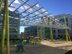 Google’s headquarters, the Googleplex, uses SEFAR® Architecture TENARA® Fabric to shade the central plaza of a recent campus expansion. Photo: SEFAR