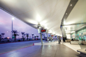An inverted canopy roof is the finishing touch to the new Rental Car Center at the San Diego International Airport. It welcomes travelers while providing protection from the elements. Photo: Birdair.