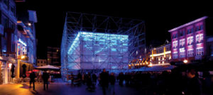 As part of a city-wide festival of light in downtown Eindhoven, The Netherlands, the installation art structure “Teatro del Mondo” takes advantage of the reflective and translucent qualities of coated PES fabric, Valmex® TF 400 from Low & Bonar. Photos: L.E.A.D. Inc./Heshmati.