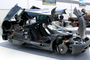 Each Pagani chassis is constructed from 240 carbon-based composite components; depending on the required stiffness and strength, close to 10 different composites are used. One of these combines titanium and carbon fiber in a composite called Carbotanium (developed and patented by Pagani) that is roughly six times lighter than steel and provides the best strength-to-weight ratio in the automotive industry.