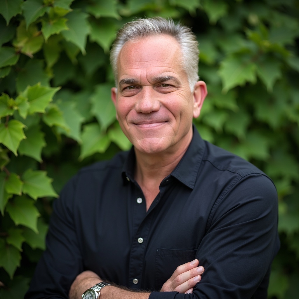 Michael Ackelbein Headshot Smiling middle-aged man with short gray hair, wearing a black shirt, stands with arms crossed in front of lush green leaves.