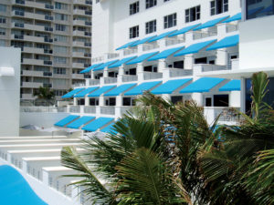 Vinyl-laminated polyester fabric by Herculite Products was used in awnings covering guest room balconies at The Ritz-Carlton South Beach in Miami Beach, Fla. Photo: Herculite Products Inc. 