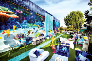 An undersea-themed cocktail party kicked off a Beverly Hills birthday event orchestrated by Revelry Event Designers, followed the next day by a chocolate fantasy theme and (for the children) a Candy Land playground theme. Photo: ©Andrena Photography