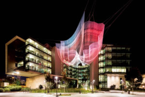 At night, colored lighting sequences are projected in real time as the sun rises in each of the Bill & Melinda Gates Foundation’s global offices, connecting the campus with its services around the world. Photo: ©Sean Airhart; Studio Echelman
