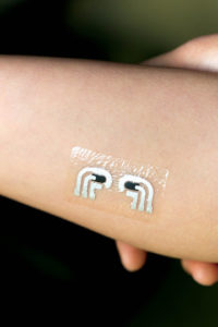 The University of California, San Diego, tattoo sensors were designed in AutoCAD and printed on special transfer tattoo base paper from Hemmi Papilio Supplies LLC, Rhome, Texas.  Photo: University of California, San Diego