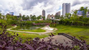 The Maple Garden is the first recreational park below ground level in Taiwan. The vegetation planted throughout the garden increased Taichung City’s green coverage by 28,000 square meters, and contributed to lowering the urban heat island effect. Photo: ACE Geosynthetics Inc. 