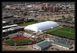 With temperatures regularly topping 90 degrees (F), Arizona State University’s Athletic Department sees major benefits from this 103,500 sq. ft. air-supported fabric structure: the university’s Sun Devils get a climate-controlled venue for practice in all seasons, and it’s also used by the marching band, ASU intramurals and university summer football camps.  Photo: Yeadon Fabric Domes