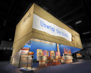 Derse’s focus on face-to-face marketing was reflected in the company’s “Unwrap the Truth” campaign exhibit at EXHIBITORLIVE!, where an Evolon® fabric “brown paper box” exhibit appears to be ripped open to reveal the message. Photo: Derse