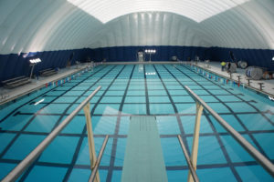 Although the Central Municipal Pool in Cape Girardeau, Mo., is a year-round facility, the weather in this southern Illinois town necessitates the use of an air-supported dome from the fall through the winter months. The 24,000-square-foot Arizon air structure covers a 25-yard by 50-meter Olympic size pool with two one-meter lanes set aside for recreational activities, and features Arizon’s custom-made air handling equipment. Photo: Arizon Structures.