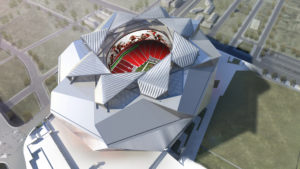 Since 1975, Birdair has installed fabric retractable roof systems for 10 NFL stadiums. The new Atlanta stadium will feature a roof consisting of three layered ETFE roof pillows on eight petals that retract, as well as a single ETFE skin supported by a cable net system. Photo: Birdair Inc.