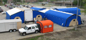 Purchased by the Hines VA Medical Center in Chicago, this system is designed for 45 beds, and travels in a 53-foot trailer plus one 37-foot gooseneck trailer. The vehicle has command-and-control power, generating capabilities and staffing quarters. An inflatable awning, one of Zumro’s latest developments, is attached to the vehicle. Photo: Winn VanBasten, Zumro Inc.