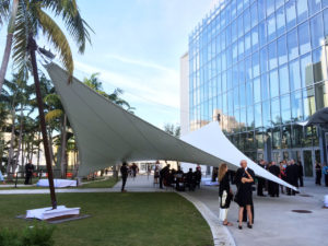 Frei Otto pioneered architectural use of tensile membranes, but also worked with other materials and systems, such as grid shells, bamboo and wooden lattices. The late Walter Bird, founder of Birdair Inc., collaborated with Otto on various tensile membrane structures. Photo: Birdair Inc.