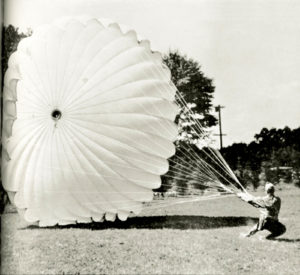 During WWII, the industry was called on to make canvas tents, covers and military gear, and nylon was used to replace silk in parachutes, finding use also in tires, ropes and other military items. Not until after the war does the use of nylon become widespread, sparked by the growth of the camping industry in the early 1950s.
