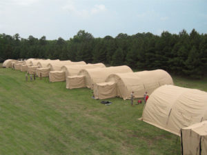 Global’s AirBeam® shelters are made with a fiber-reinforced, elastomeric composite. They offer superior snow-shed and snow-load capacity, are lightweight and can be erected rapidly. The Army uses them for its Force Provider base camp; the Air Force uses the AirBeam as a rapid deployment aircraft maintenance hangar. Photo: HDT Global