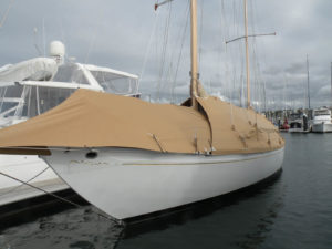 The owner of this yacht wanted entrance points on both sides with the full cover in place, and removable sections near the cockpit area. David’s Custom Trimmers of Queensland, Australia, used more than 85 yards of fabric, 43 zips and 10 yards of felt-like carpet as rub strips on the cover, which included nine sections. The project won an MFA Outstanding Achievement Award in 2014. 