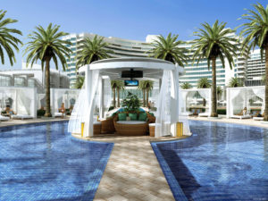 Eide Industries created cabanas with powder-coated aluminum frames and Sunbrella® fabric for the Fontainebleau Miami Beach resort in Florida. Photo: Eide Industries Inc. 