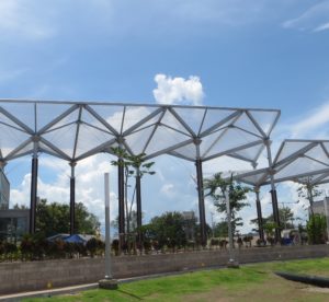 The structures supporting the ETFE panels use slender framing elements and small-section steel columns, reflecting the gossamer look of the transparent canopies. 