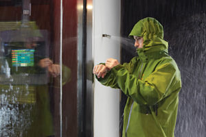 Before any new GORE-TEX® garment style is put into production, it must pass the Gore lab-style approval testing in its outerwear testing facility. Using specially engineered rain nozzles strategically positioned in the chamber, the company tests for conditions that range from light drizzle to wind-driven rain. Photo: W.L. Gore