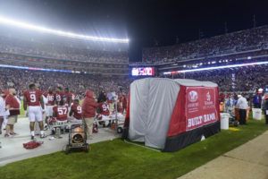 The medical privacy tent sits on the Alabama sideline inside Bryant-Denny Stadium during a game with LSU. Photo: Jeff Hanson, University of Alabama