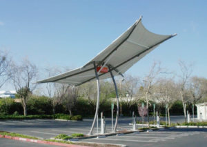Pvilion has designed an integrated shade and power canopy for American parking lots that is UL certified and is as efficient as glass-enclosed PV systems at one-third the weight. Photo: Pvilion.