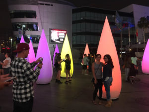 For a community event in Los Angeles called “Dark Nights,” AirDD used its Hi-Light™ fixtures to create an illuminated forest of wick-shaped designs in a variety of bright colors. Not only did it draw crowds, according to company founder Doron Gazit, but visitors snapped pictures of themselves and promoted the event on social media. Photo: Air Dimensional Design Inc. 