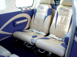 The Recovery Room upholstered seats in a Beechcraft Baron in Ultraleather® with embroidered logos. Photo: The Recovery Room.