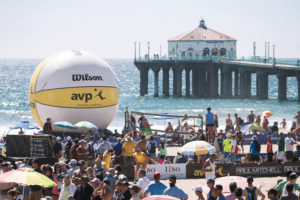 Bigger Than Life provided a 20-foot-tall inflatable sphere with the logos of Wilson Sporting Goods and the Association of Volleyball Professionals for a beach volleyball tournament in Redondo Beach, Calif. Photo: Bigger Than Life.