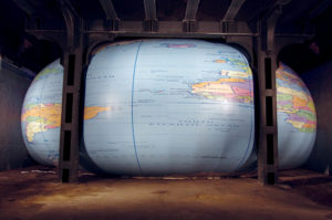 Landmark Creations made an inflatable Earth for David Byrne’s under-bridge installation, titled Tight Spot. Measuring 48 feet in diameter and 19-1/2 feet tall, the inflatable used an external blower and an internal audio system that emitted low-frequency pulses. Photo: Landmark Creations.
