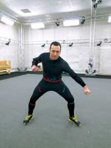 The revised design of the motion capture suit being tested at the Ubisoft studio in Toronto. The goal was to create a lighter, more flexible and comfortable suit.
