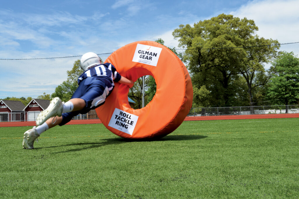 Outdoor fabrics used in football practice gear have to take a lot of punishment, like this tackle ring.
