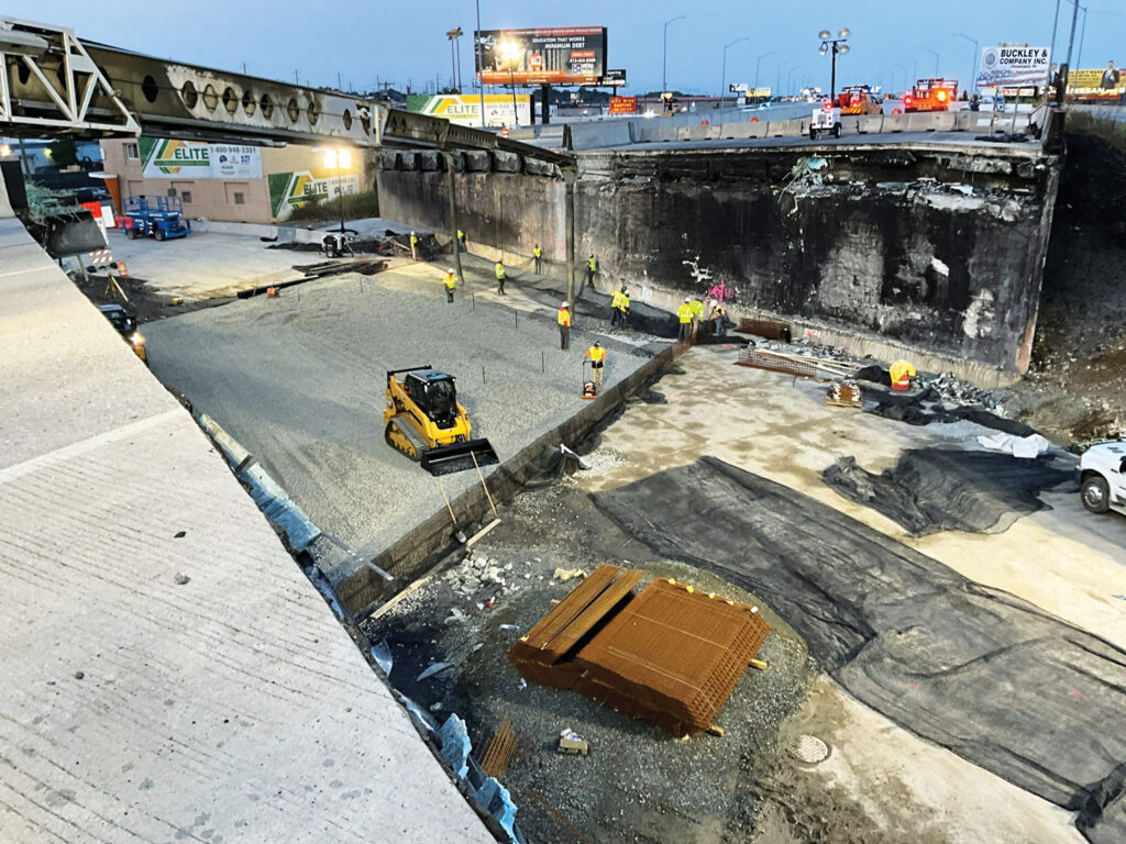 Infrastructure projects are one of many U.S. textile market opportunities. Here, crews repair a section of Interstate 95 in Philadelphia, Pa., following its collapse in June, after a gasoline tanker truck caught fire.