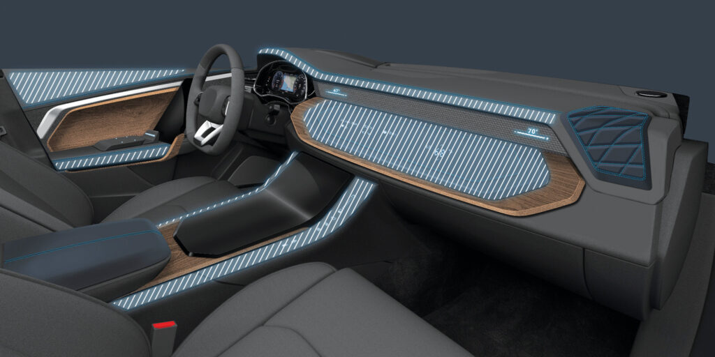 Locations for smart textiles could be on the doors, dash or between the seats of a vehicle.