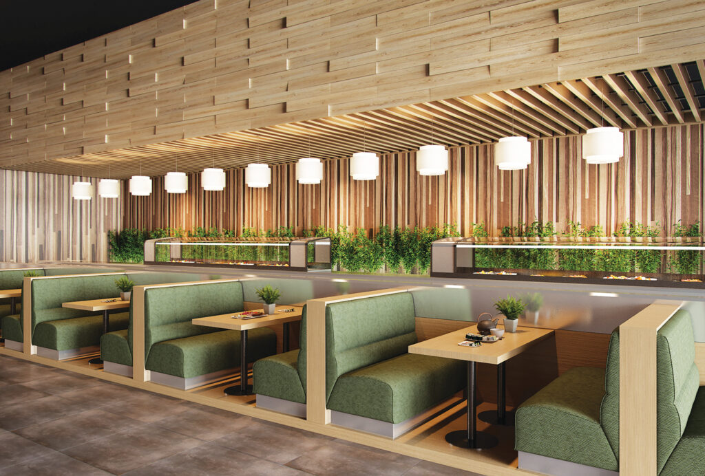Restaurant booths featuring fabric from the Enduratex Palm Harbor collection in its Flirtatious Gecko color.