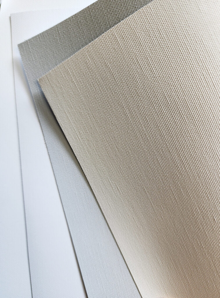 White, Grey and Bone color examples of the 98-inch Vision Plus Blackout fabric by Indiana Coated Fabrics Inc. (ICF). ICF produces many kinds of fabrics, including blackout and light-filtering roller shade fabric.