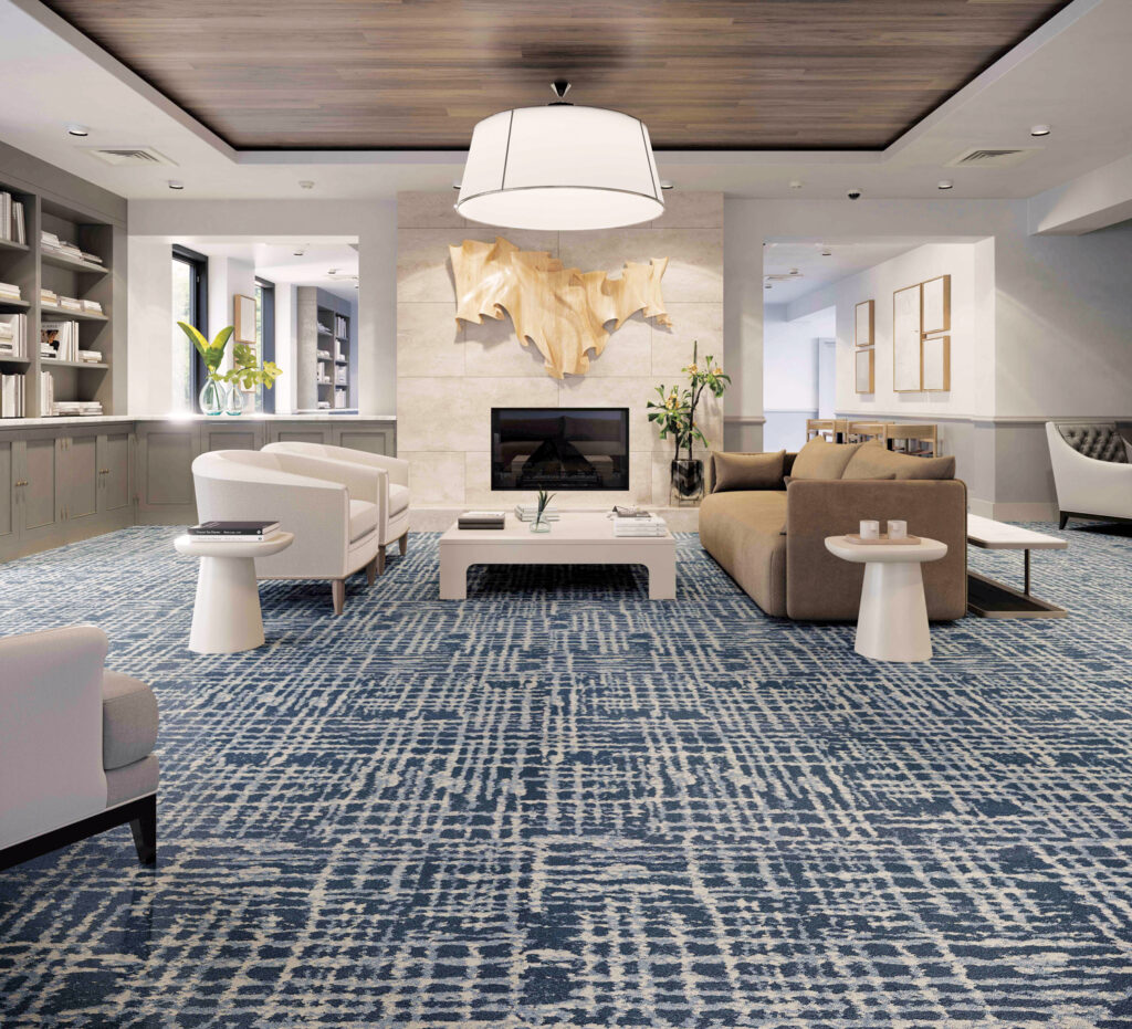 Rich color and pattern in modular carpet add design and warmth while supporting acoustics in commercial spaces. Trends are moving toward colors like blues and greens, rather than the neutral grays and beiges used in carpeting in recent years. Pictured is the latest carpet launch, Notable, from Mannington Commercial.