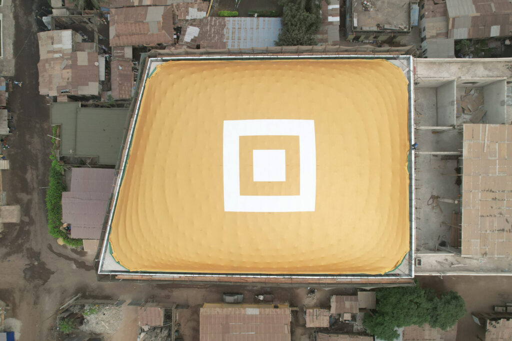 Close-up from above of the golden fabric roof on the church in Lome, Togo