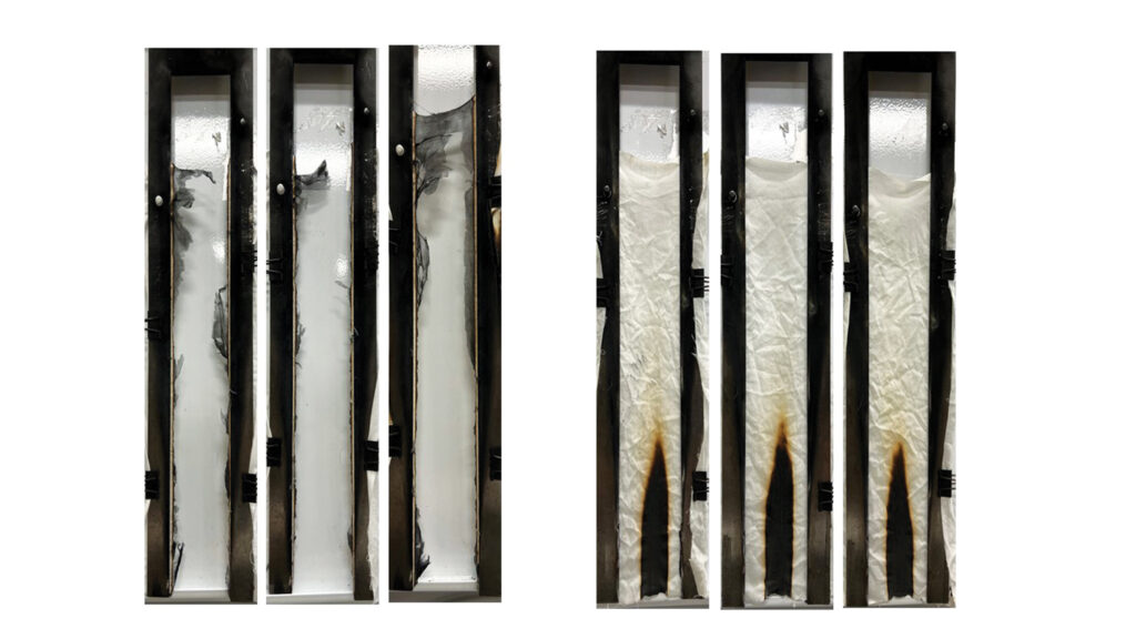 Left: Three uncoated cotton samples completely consumed during the ASTM D6413 12-second vertical flame test. Right: Three coated cotton samples that easily pass the vertical flame test