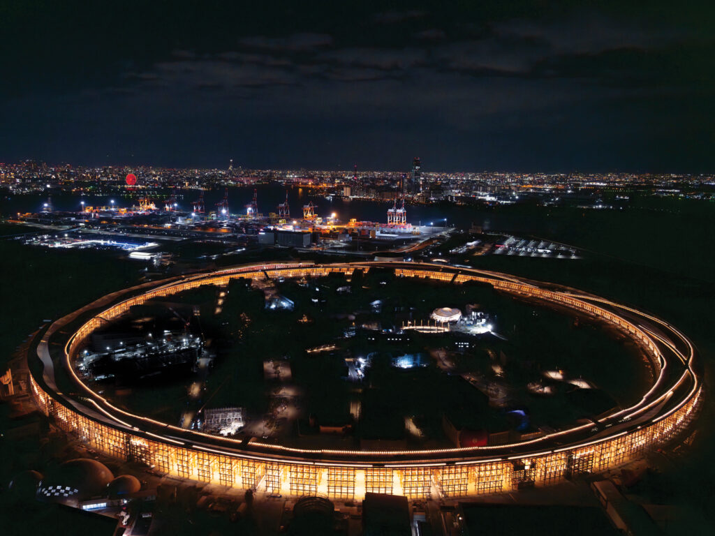 The 2025 World Expo Grand Ring lit up at night, in Osaka, Japan, where many events will take place April 13–Oct. 13.