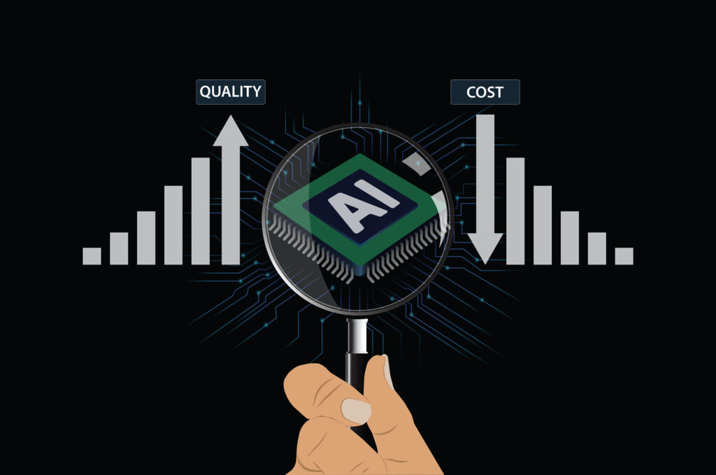 A graphic hand holding a magnifying glass up to a button that reads "AI." A "Quality" chart with ascending bars is to the left of the magnifying glass, and a "Cost" chart with descending bars is to the right.