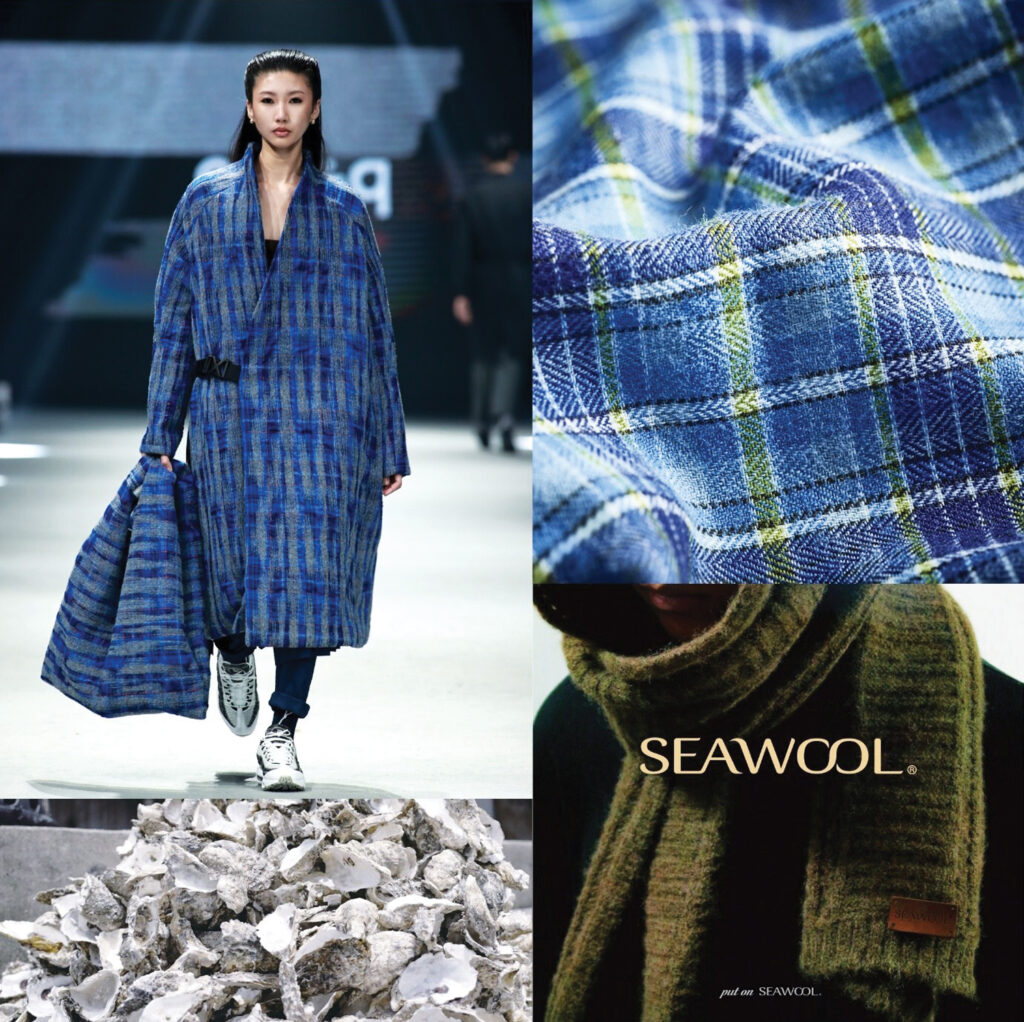 A model wearing a blue Seawool outfit, discarded oyster shells, a Seawool scarf, close-up of Seawool fabric