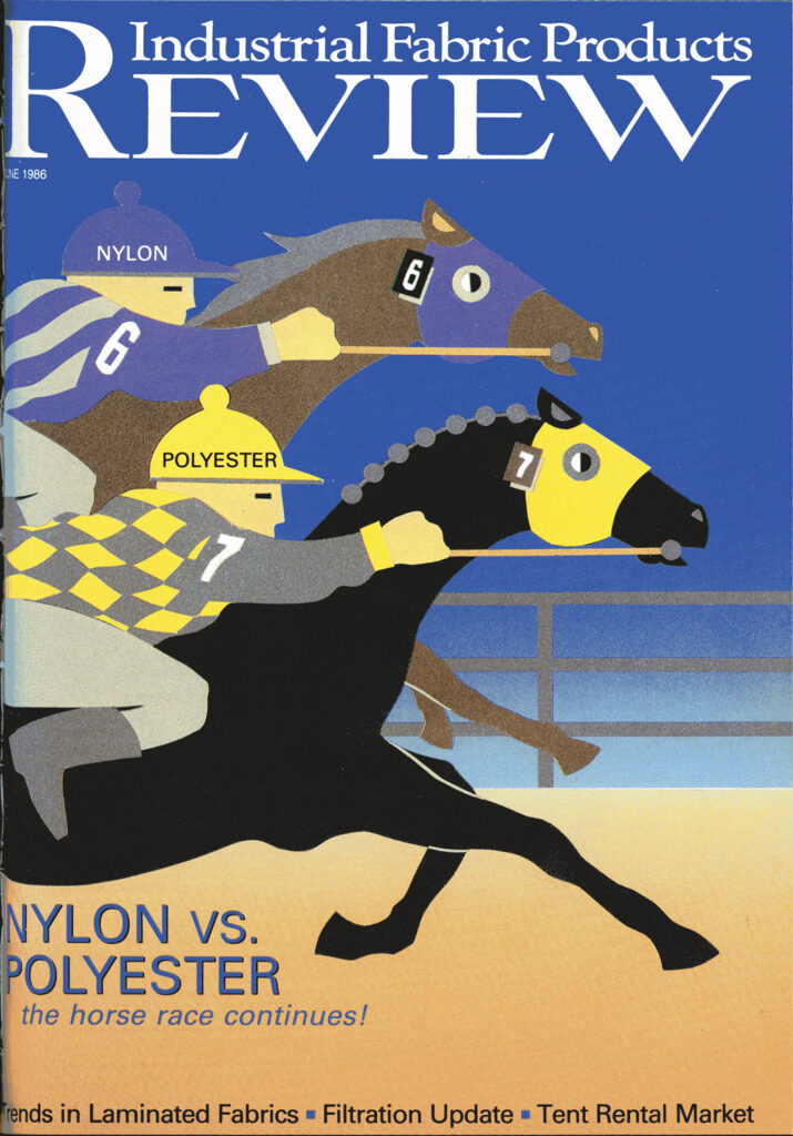 A color image of the June 1986 cover of Industrial Fabric Products Review has a blue background. It pictures artwork of a horse race, with nylon represented by a brown horse and polyester by a black horse. The black horse is winning over nylon by a nose. The jockey for nylon is wearing a purple hat and striped shirt. The jockey for polyester is wearing a yellow hat and checked shirt. 