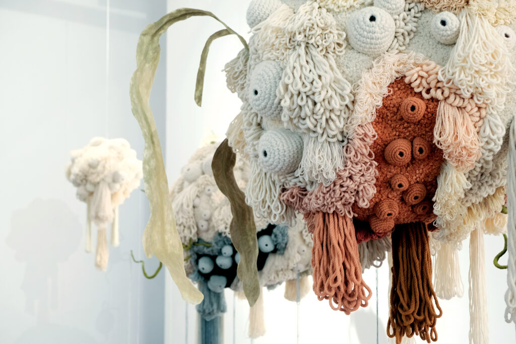 Textile art installation with amorphous, organic shapes made from knitted and crocheted yarns in whites, pinks, and browns, resembling coral reefs.