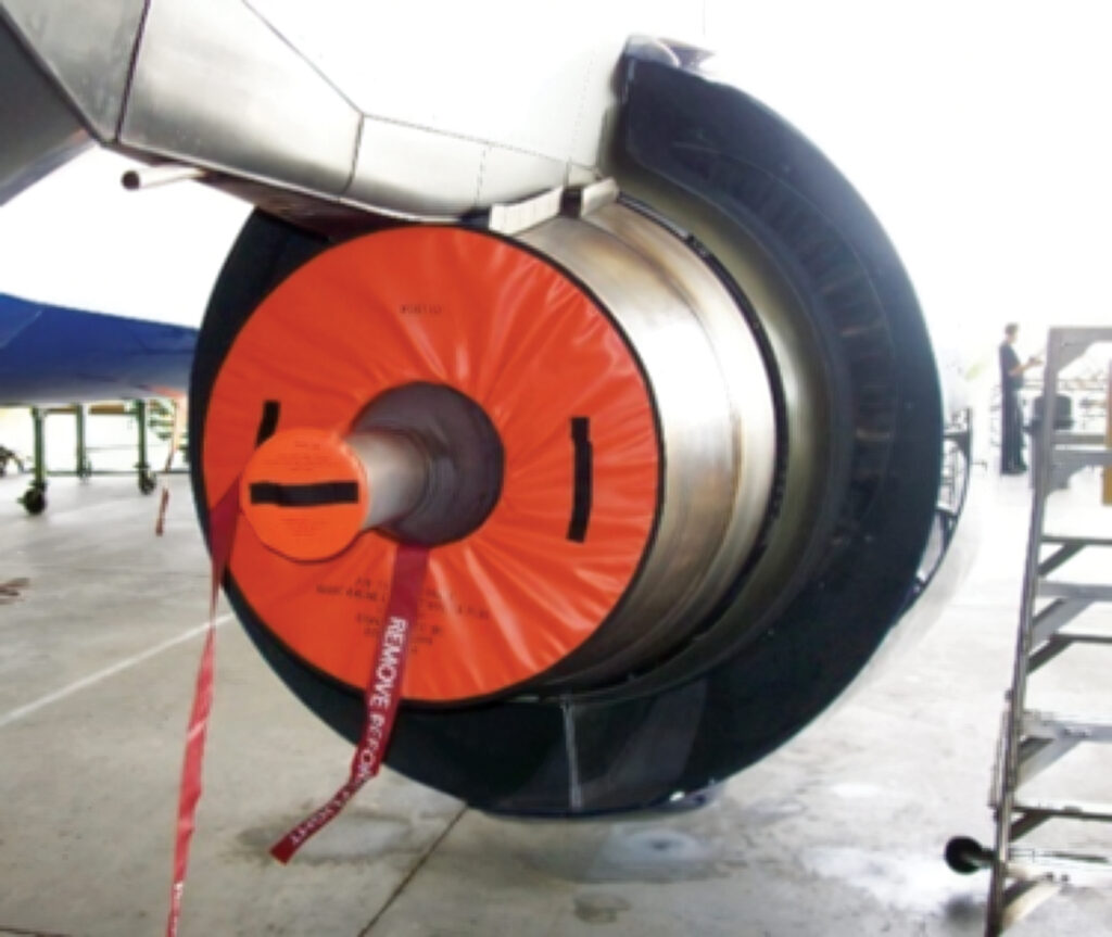 An engine outlet plug protects a Delta Airline Boeing 737 engine
