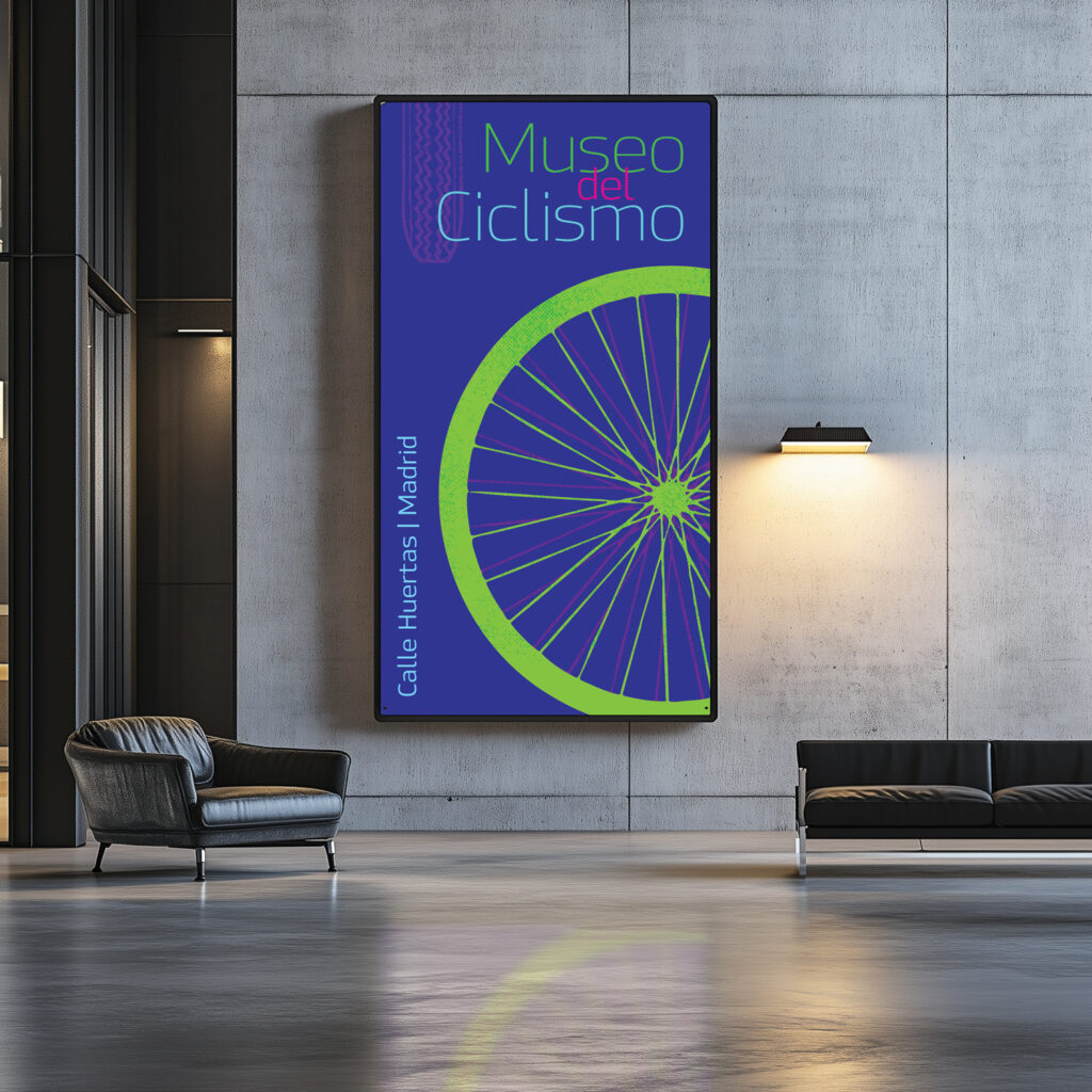 An indoor framed fabric graphics sign on a concrete wall. It shows most of a neon green bike wheel against a purplish-blue background. It is printed on Ultraflex Systems’ ReSource™ Star Eclipse® D270 light-blocking polyester.