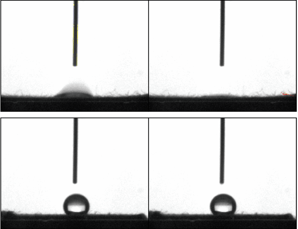 The composite image contains four images, in two rows. The top row shows a water droplet under a microscope that is soaking into the fabric. The bottom row shows a water droplet staying fully formed on the surface of the fabric and not soaking in.