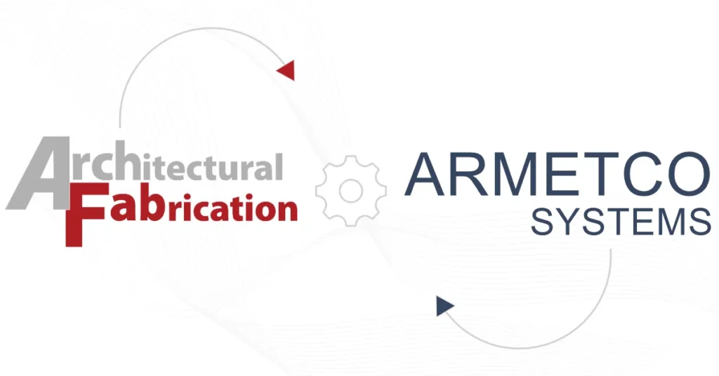 Red and gray text for "Architectural Fabrication" on the left, with a gear icon. "ARMETCO SYSTEMS" in bold dark blue on the right, against a light background.