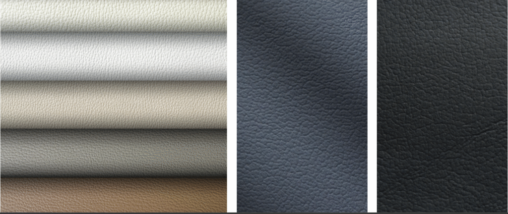 Various textured upholstery materials in shades of beige, gray and black, arranged in vertical strips.