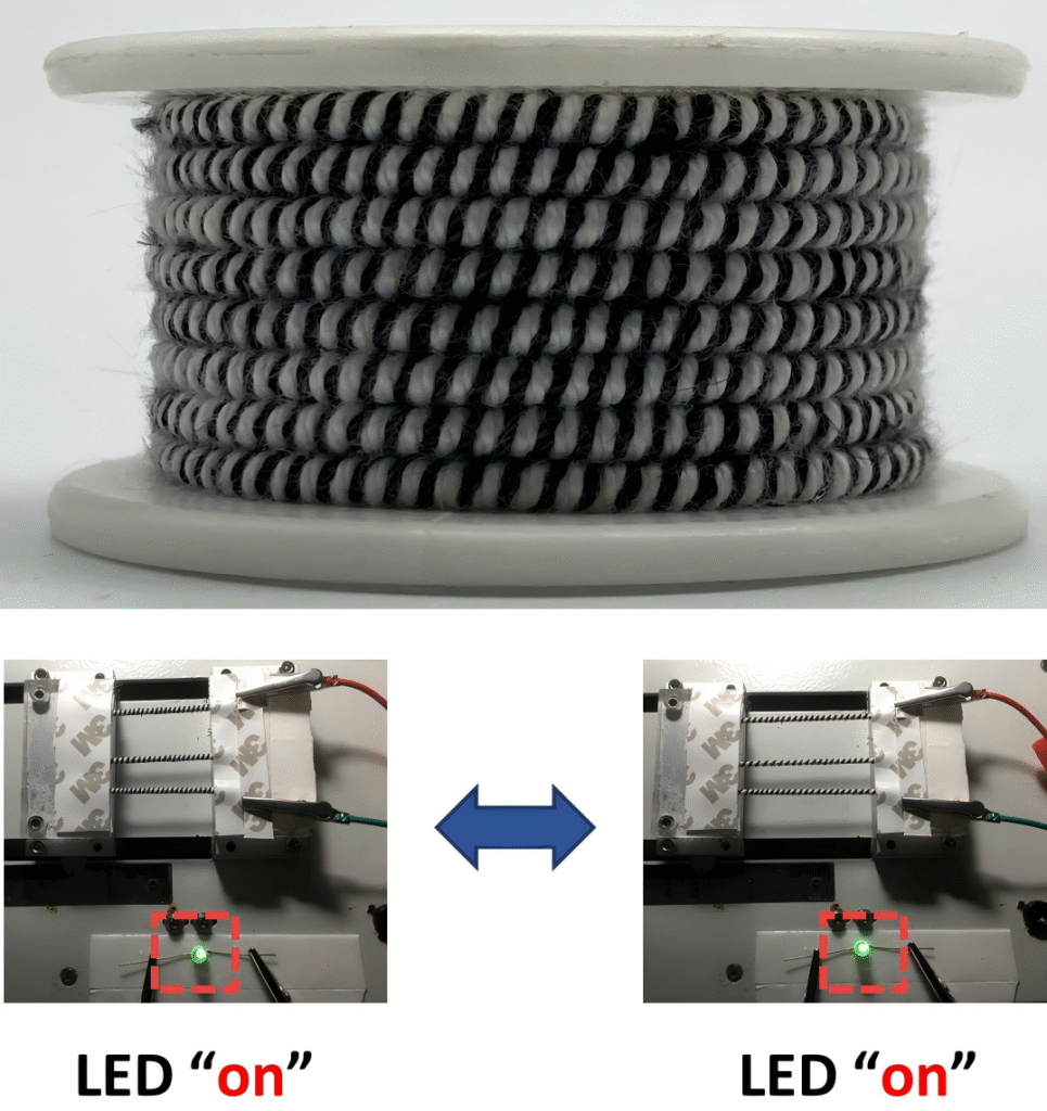 WearableElectronics 2509 Black and white woven conductive yarn, a stretchy sweat-activated yarn battery on a spool, with two close-up views showing a glowing green LED indicated as "on." It was developed by researchers in China.